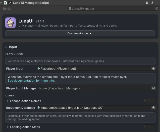 LunaUIManager inspector — the Input section with the PlayerInputManager reference and the Input Icon Database slot InputPrompt resolves icons from