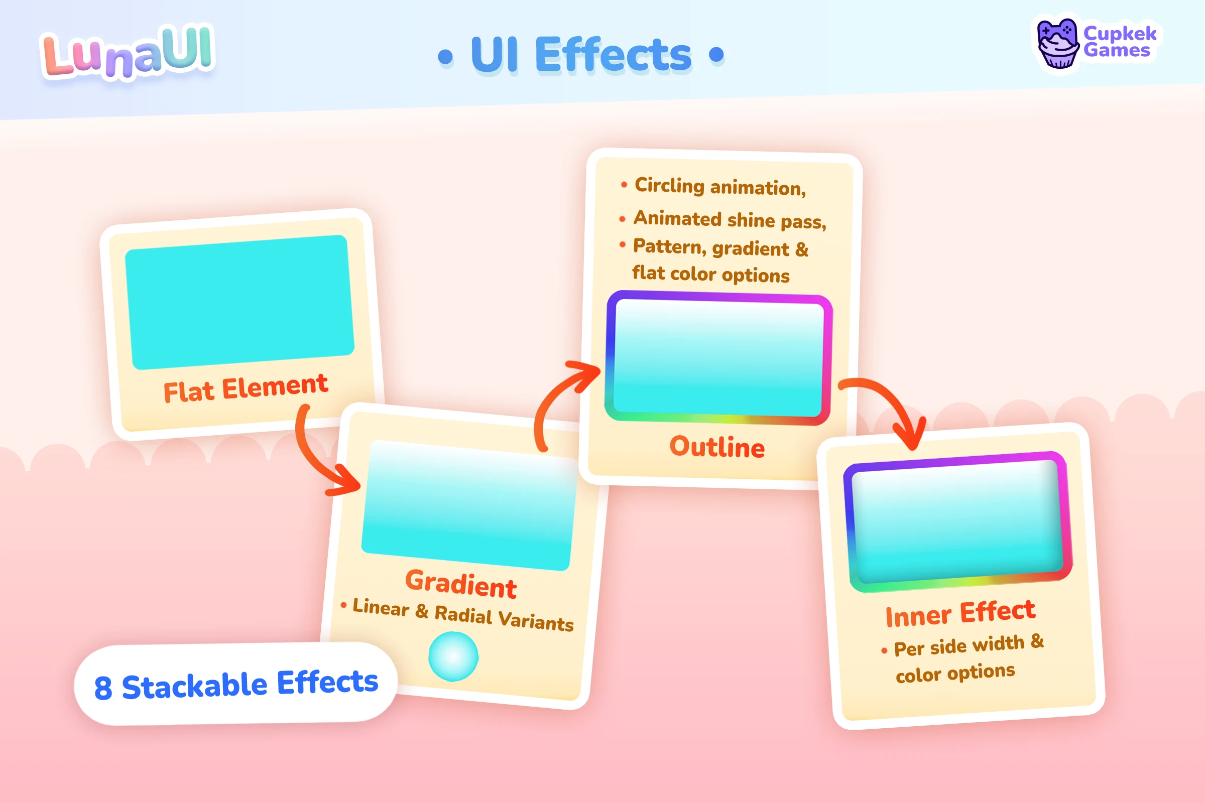 UI Effects β outer shadow & glow, outline, gradient, and dissolve stacked on a row of buttons