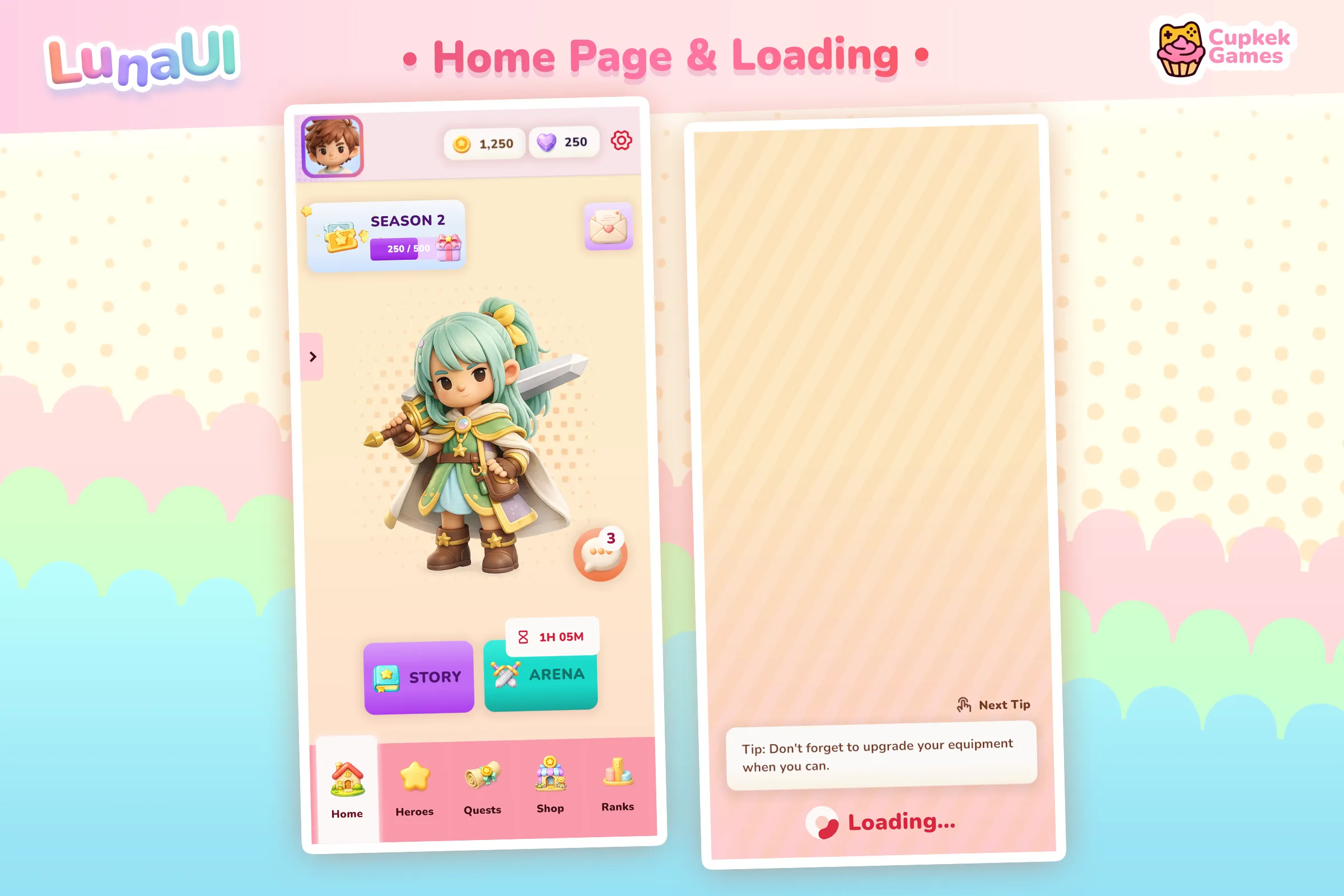 Home screen with a hero showcase, season pass, and bottom navigation, beside a themed loading screen with rotating tips
