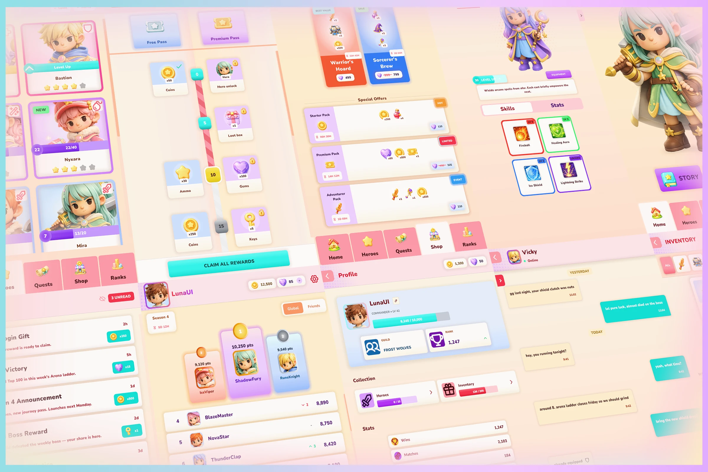 A spread of Luna screens β menus, settings, HUDs, and game shells
